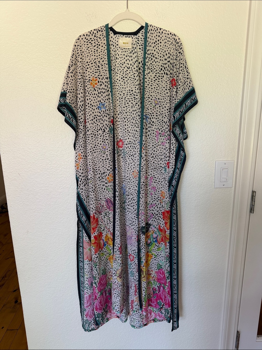 Maeve Black Dot Floral Trim Open Front Kimono